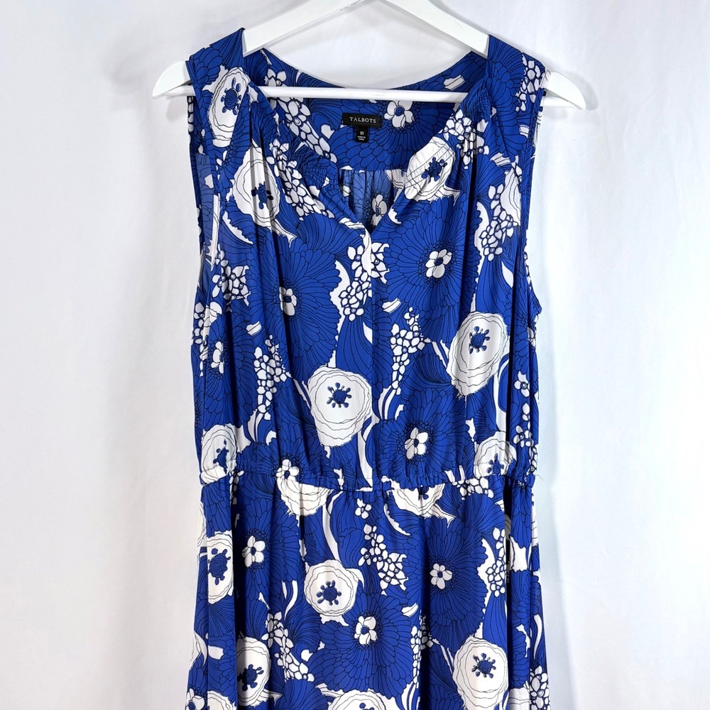 Talbots Sleeveless Floral Dress Blue White Split‎ Neck Ruffle Hem 10